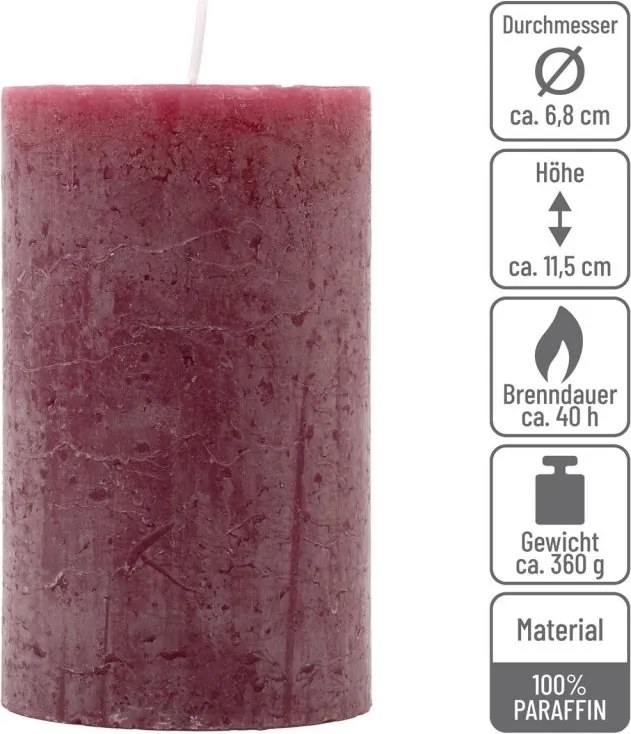 Burgundská parafínová sviečka, rustikálna, 11,5 cm, 12 ks