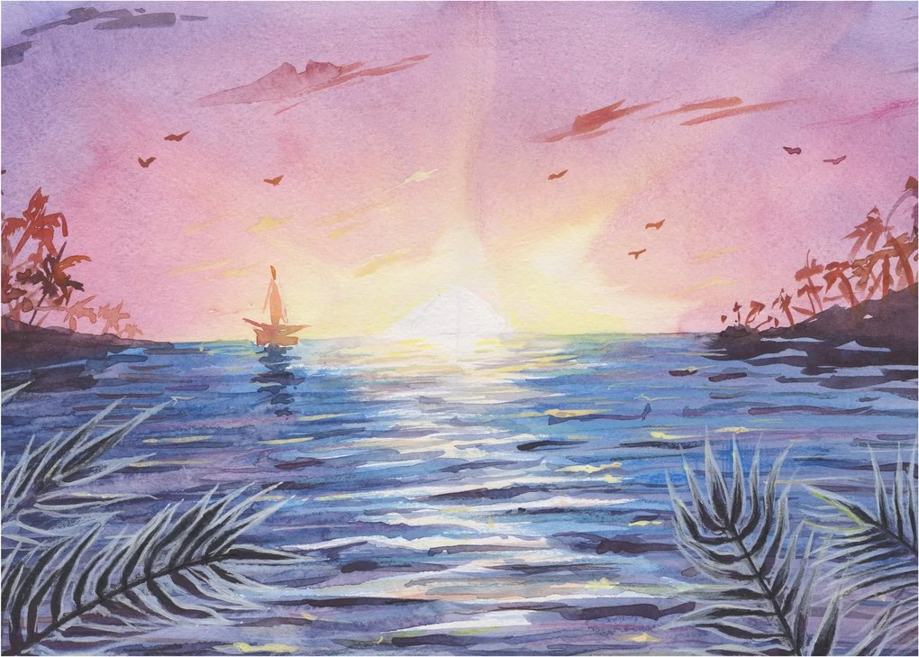 Obrázok - Západ slnka nad vodou, aquarel (70x50 cm)