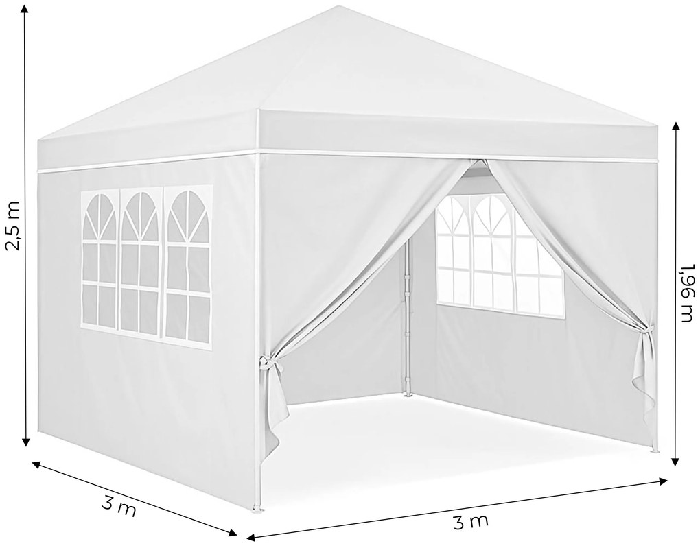 Záhradný pavilónový stan 3x3 m, automaticky rozkladací + 4 bočné steny, biely, MultiGarden