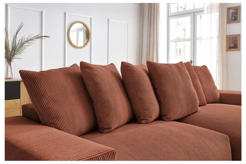 Terakotová menčestrová rozkladacia/s úložným priestorom rohová pohovka Voltaire – Bobochic Paris