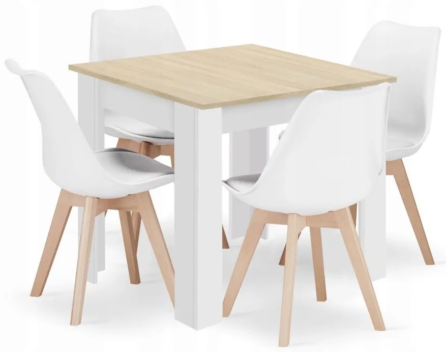 Jedálenská zostava stôl Dub sonoma/ biele nohy 80 X 80 cm hnedé nohy + 4 stoličky MARK biele/ prírodné nohy