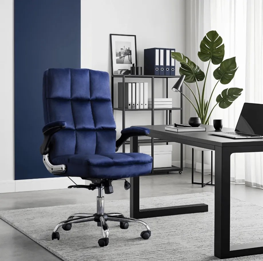 Vintino kancelárska otočná stolička JACOB s chrómovými nohami modrá velúrová zamatová