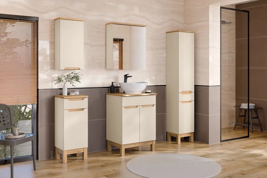 Závesná skrinka so zrkadlom Bali 84-60-2D kašmír/dub wotan