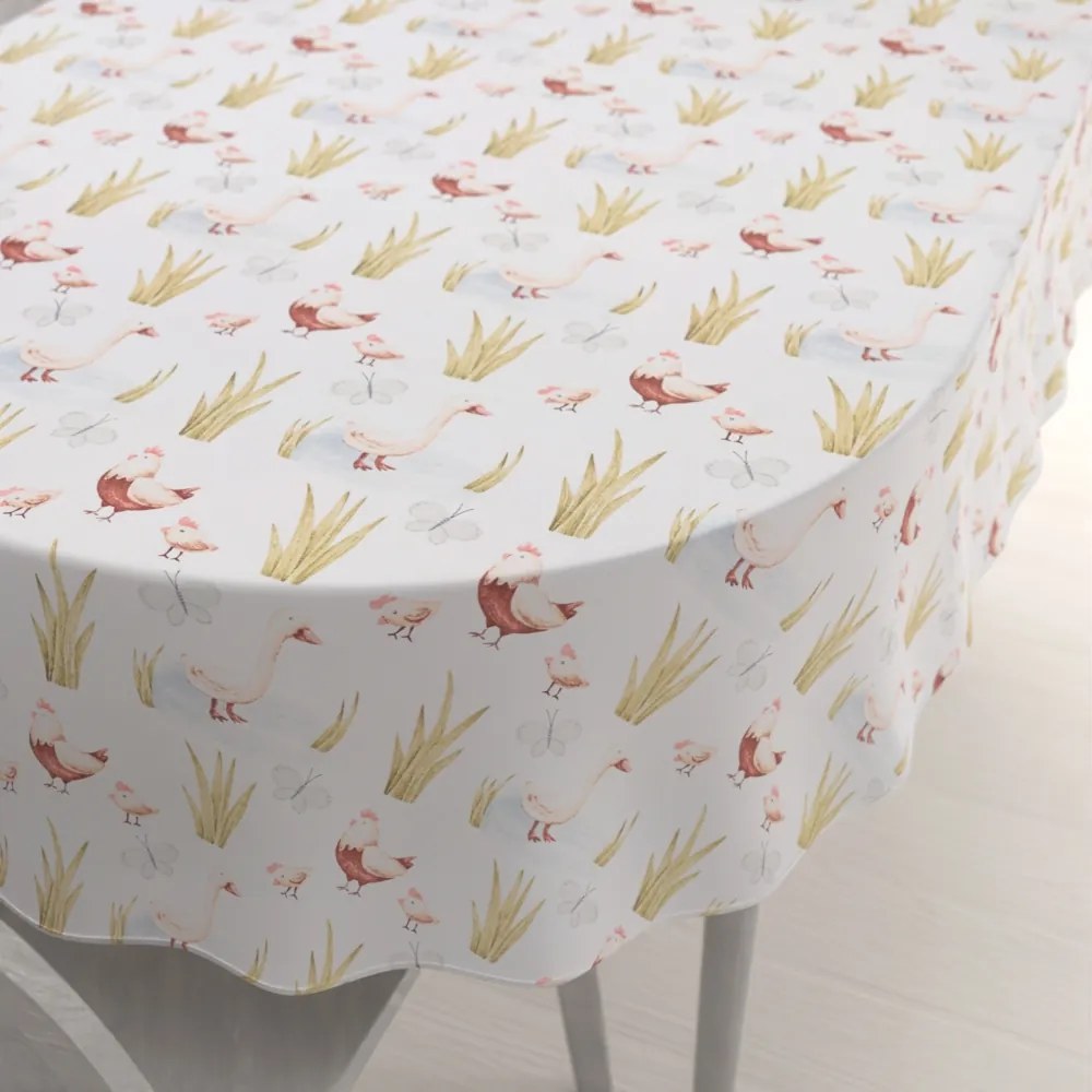 Biante Detský bavlnený oválny obrus Sandra SA-752 Sliepočky a húsky na bielom 80x120 cm