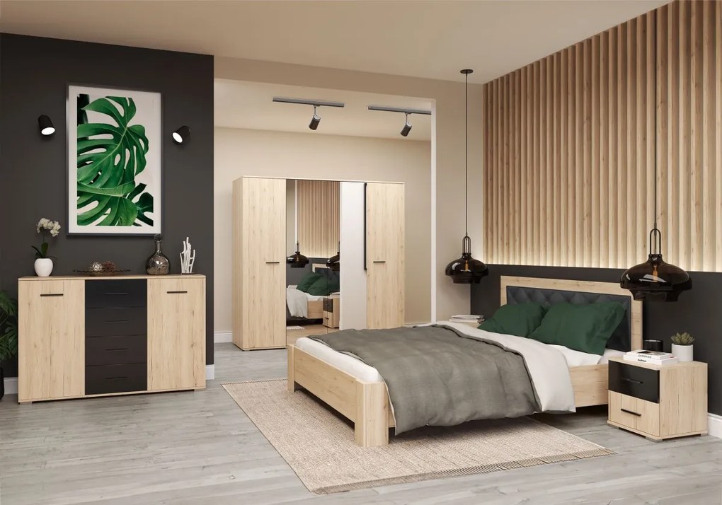 Posteľ BARI 160x200 dub san remo/čierna eko kůže