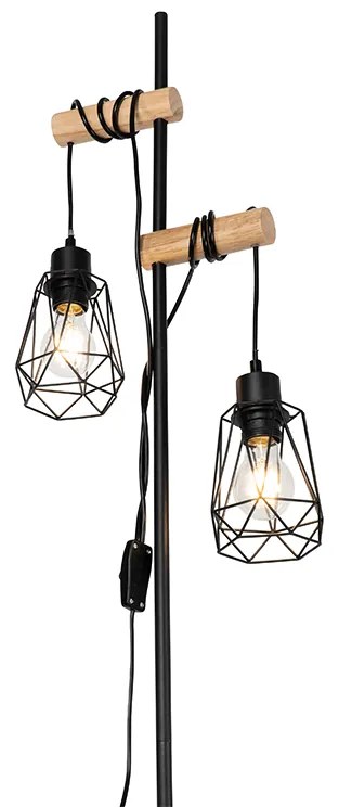 Rustikálna stojaca lampa čierna s drevom 2-svetlo s tienidlom - Dami Frame