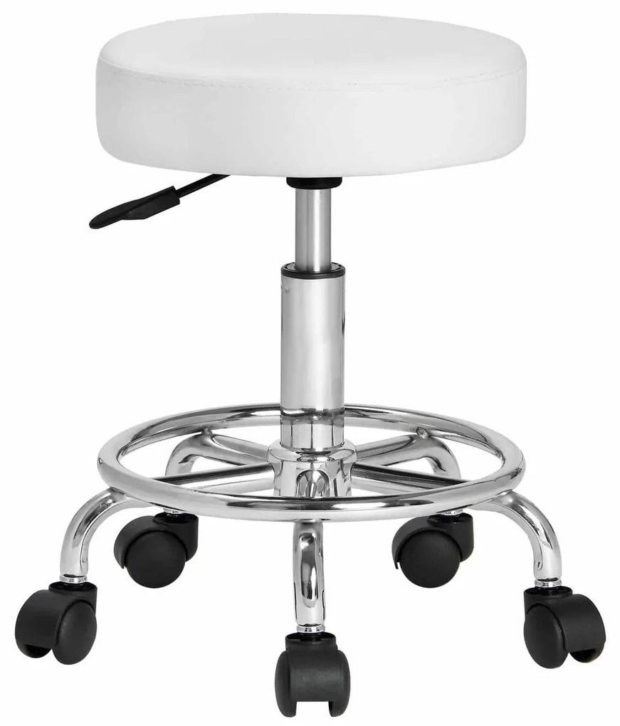 Casaria Taburetka na kolieskach, biela koženka, otočná 360°, opierka na nohy