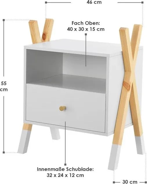 Detský nočný stolík, biely so zásuvkou a policou