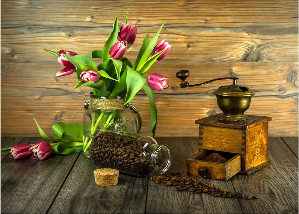 Sklenený obraz - tulipány, mlynček a káva (70x50 cm)