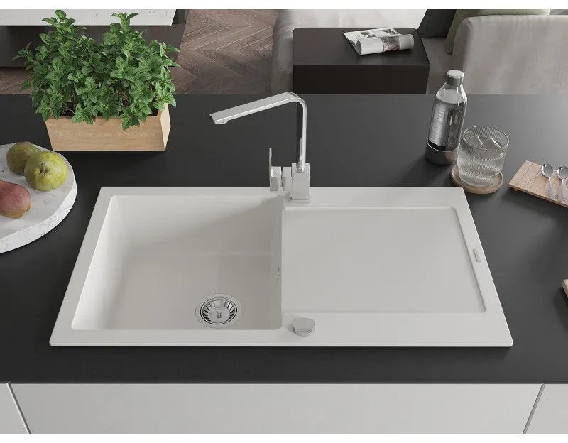 Mexen Leo, drez granitový 900x500x190 mm, 1-komorový, biely s chrómovým sifónom a chrómová drezová batéria Rita, 6501-20-670300-00