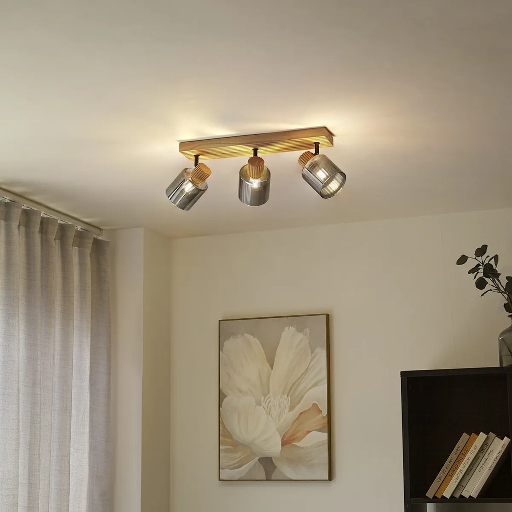 Moderné bodové svietidlo drevené s dymovým sklom 3-svetlá otočné a naklápacie - Gracy