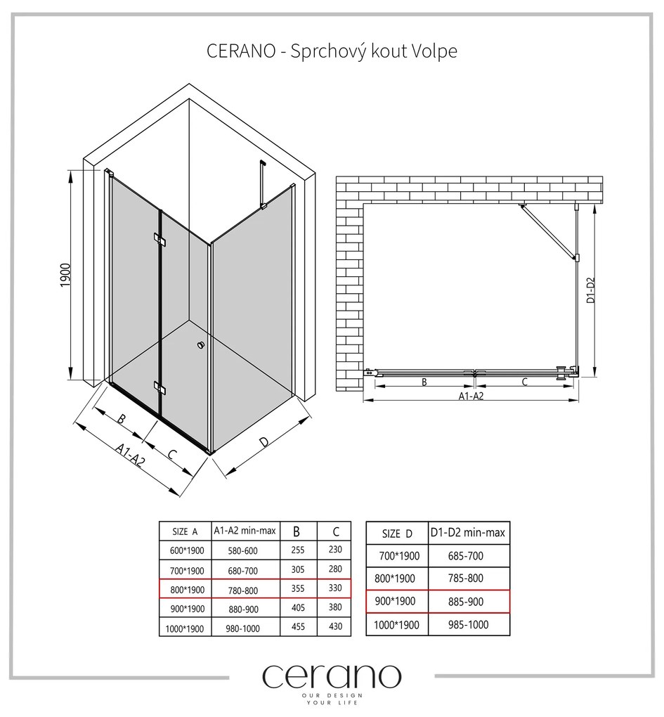 Cerano Volpe, sprchovací kút so skladacími dverami 80(dvere) x 90(stena), 6mm číre sklo, čierny profil, CER-CER-427321