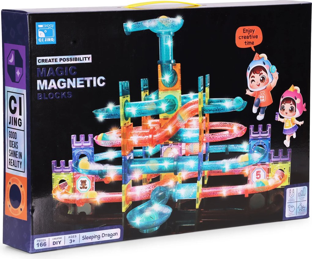 MULTISTORE Magnetické tehličky guľôčková dráha LED stavebné bloky culodrome 166 prvkov