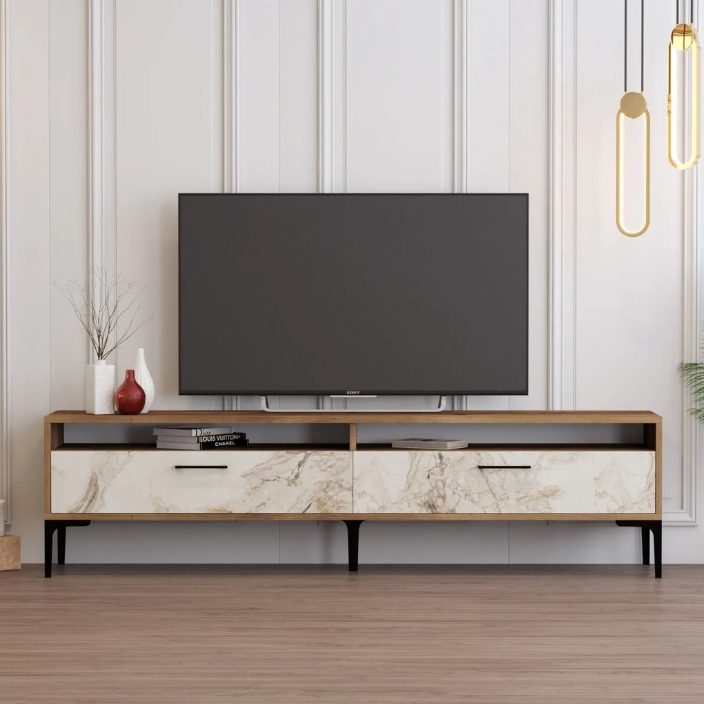 TV stolík/skrinka Irma 2 (orech + biely mramor). Akcia -18%. Vlastná spoľahlivá doprava až k Vám domov. 1088901
