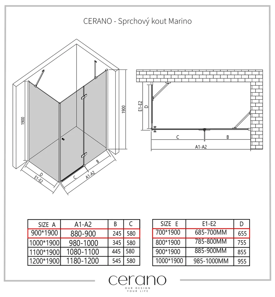 Cerano Marino, sprchovací kút 90(dvere) x 70(stena) x 190 cm, 6mm číre sklo, chrómový profil, CER-CER-422760