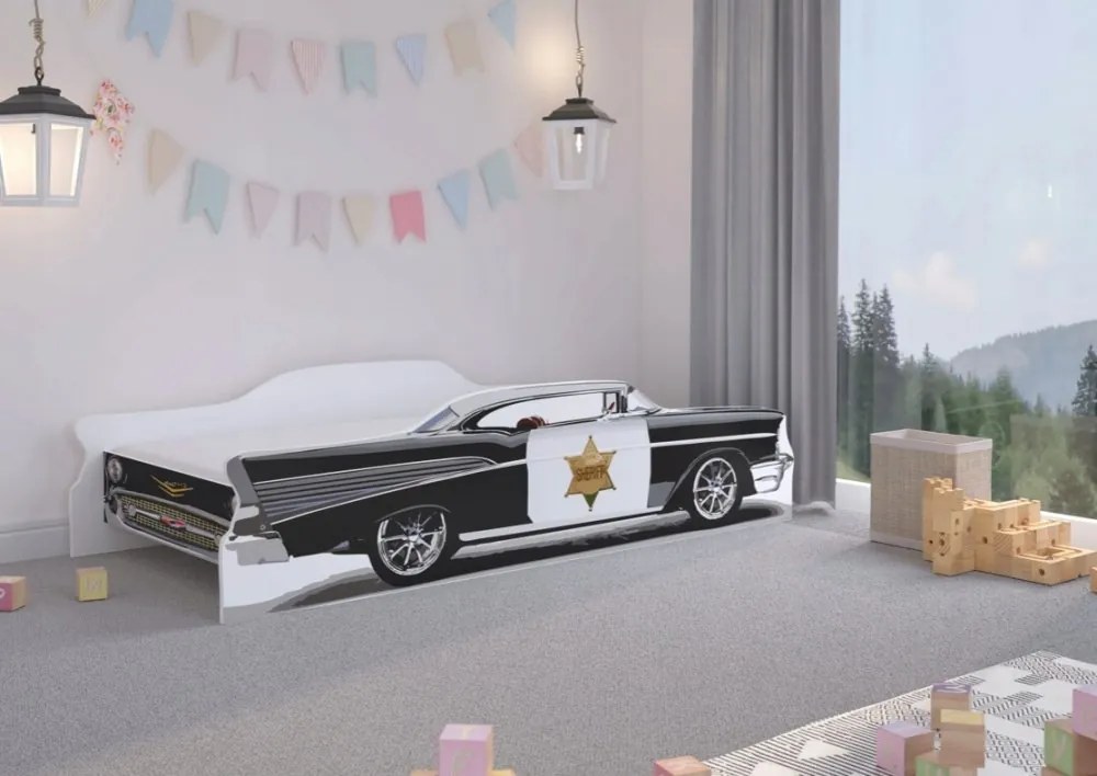Detská postieľka pre pretekárov v tvare auta šerif 160 x 80 cm