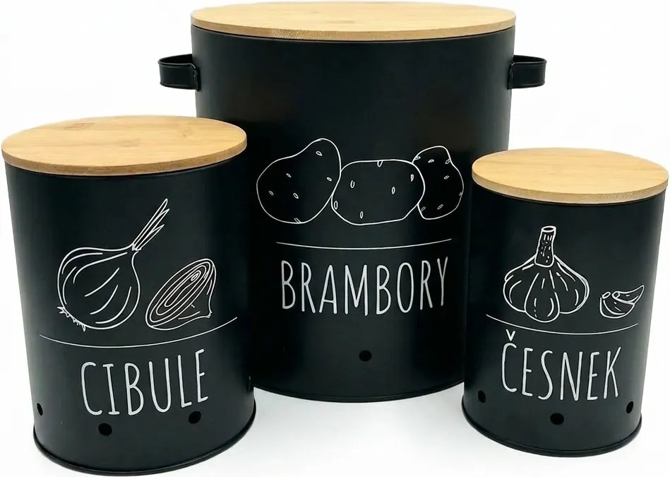 Orion Sada 3 dóz na cibuľu, cesnak a zemiaky, plechové s bambusovým vrchnákom BLACK CZ