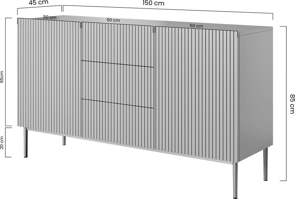 Komoda Nicole 150 cm so zásuvkami a ryhovaným čelom - kasmír / čierne nožičky