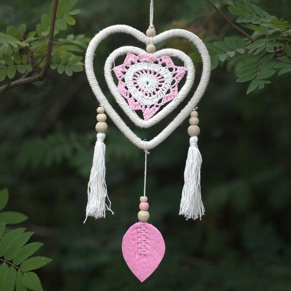 Lapač snov Bali - ružové srdce v srdci - stredný 35cm