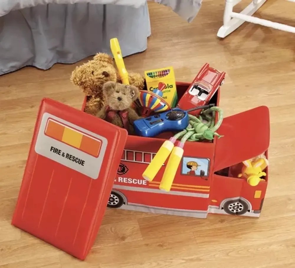 eCarla Úložný dětský box a taburet pro děti, POŽÁRNÍ VŮZ - hasiči, červený