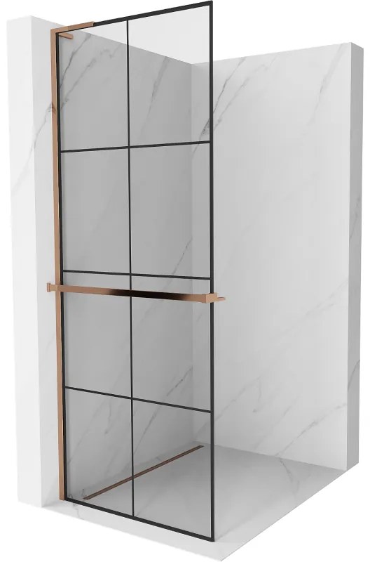 Mexen Kioto+ L, sprchová zástena Walk-In s poličkou a vešiakom 90 x 200 cm, 8mm číre sklo čierny vzor, ružové zlato profil, 800-090-123-60-77