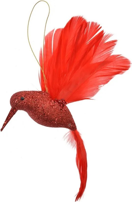 Červený závesný vtáčik kolibrík s pierkami a trblietkou - 22*5*15 cm
