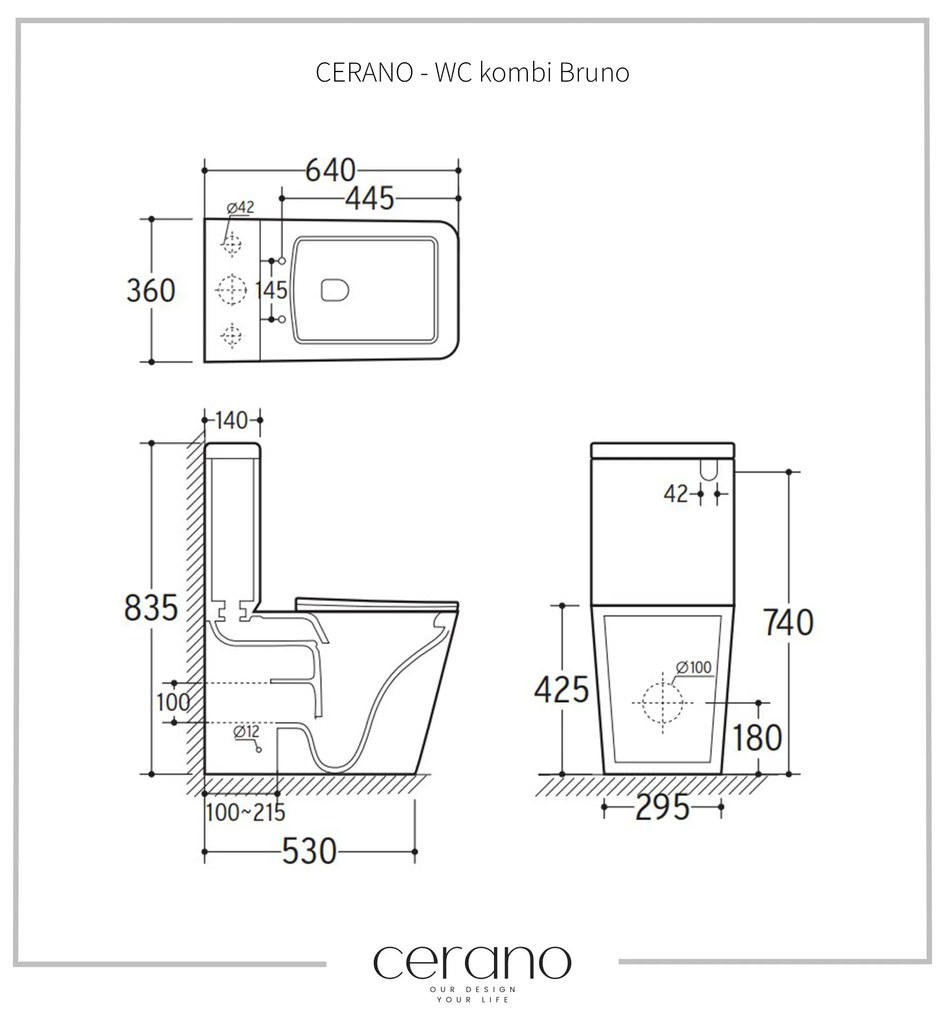 CERANO - WC kombi Bruno, Rimless + UF sedátko - biela lesklá, CER-CER-538765