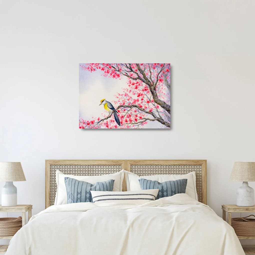 Sklenený obraz - Vtáčik na strome s červenými kvetmi (70x50 cm)