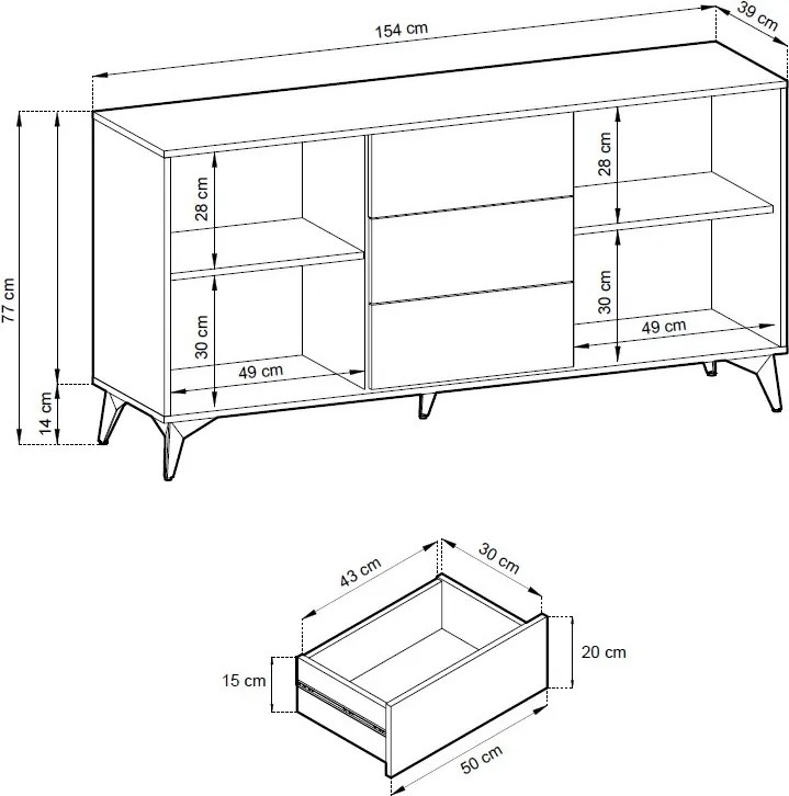 Široká komoda so zásuvkami Diamond, čierna/dub