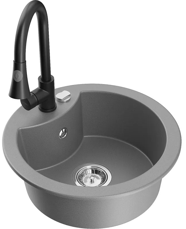Mexen Diego, 1-komorový granitový drez 488x488x167 mm a drezová batéria Elia, šedá, 6512-71-670101-70