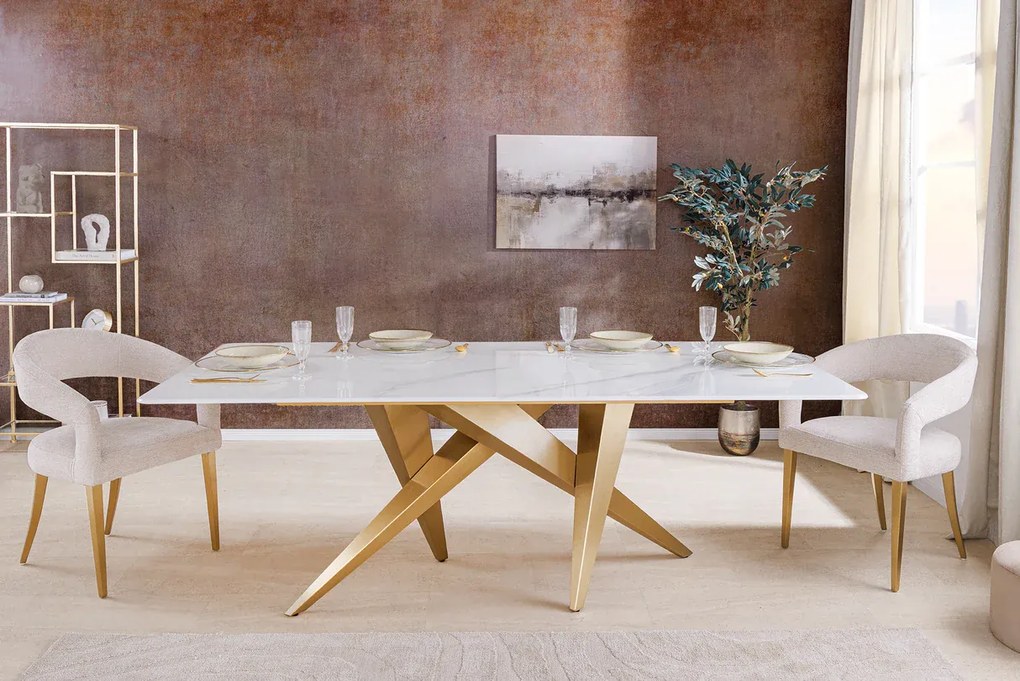 Jedálenský stôl ART LIVING 200 cm s keramickou doskou z bieleho mramoru a rámom v šampansko-zlatej farbe