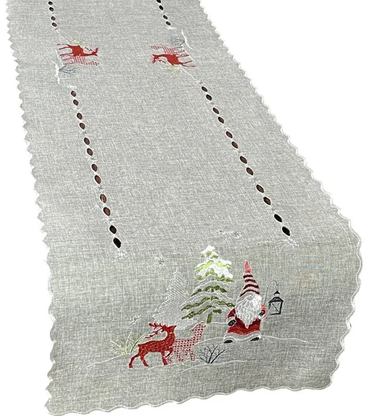 Sivá vianočná štóla s výšivkou škriatka a sobov Šírka: 40 cm | Dĺžka: 220 cm