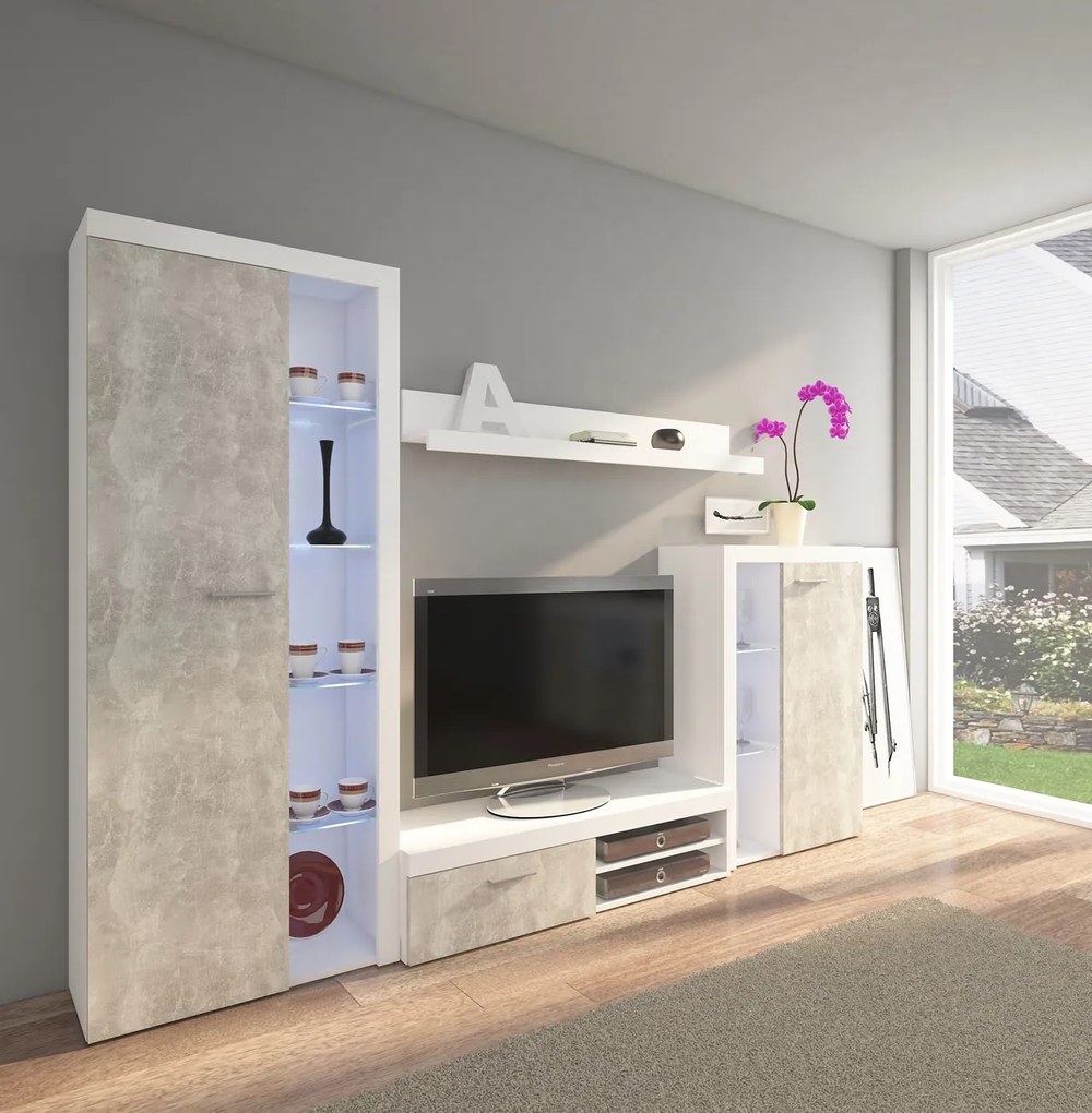 MEBLINE Moderná obývacia stena RUMBA / RODOS svetlý beton / biely