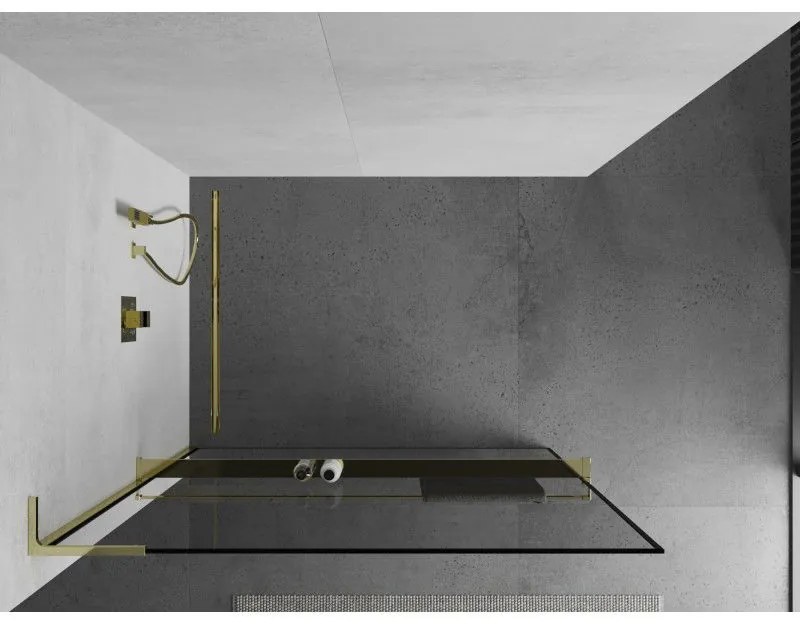 Mexen Kioto+ L, sprchová zástena Walk-In s poličkou a vešiakom 50 x 200 cm, 8mm číre sklo čierny vzor, zlatý lesklý profil,800-050-123-50-70