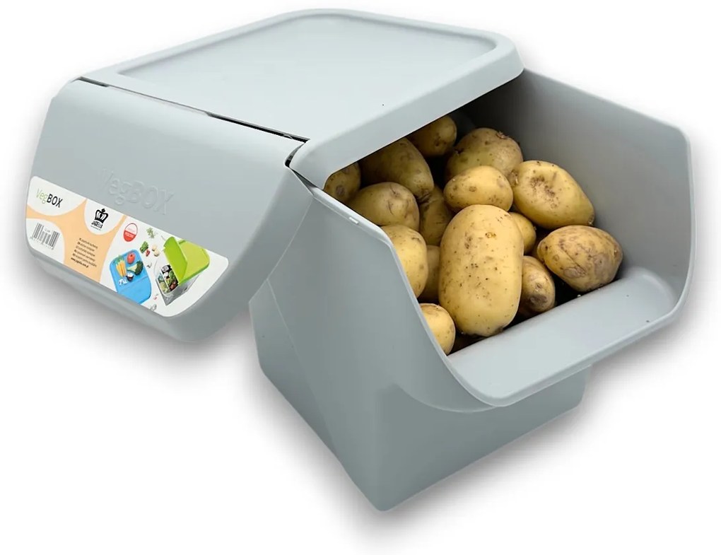 Úložný box na zemiaky a cibuľu s vetraním, VEGBOX sivý (14l - 10kg zemiakov)