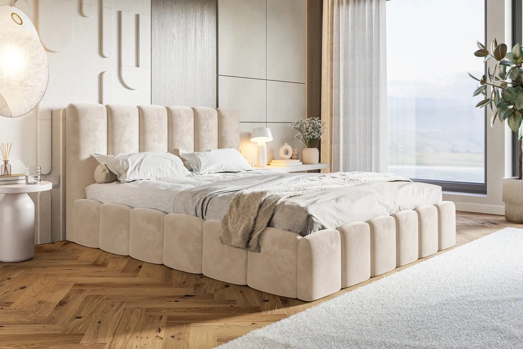 Čalúnená manželská posteľ s úložným priestorom SLIM 11 - béžová zamat | 160×200