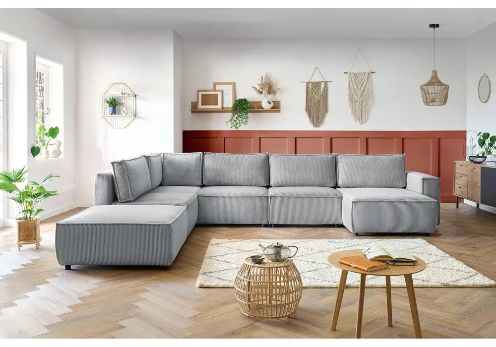 Svetlosivá menčestrová rohová pohovka (ľavý roh/do tvaru "U") Nihad modular – Bobochic Paris