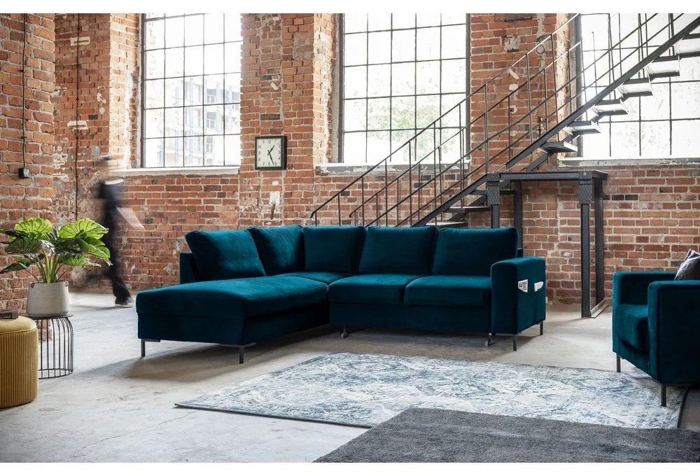 Tyrkysová zamatová rozkladacia rohová pohovka (ľavý roh) Lofty Lilly – Miuform