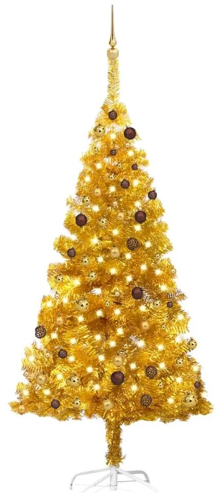 Umelý vianočný stromček s LED a súpravou gulí 210 cm zlatý PET 3077520