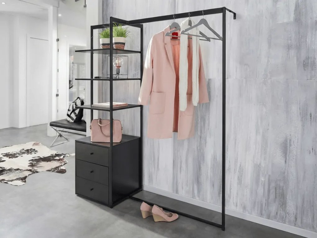 Stojan na oblečenie s regálom ARDEO 150x180 cm, čierny