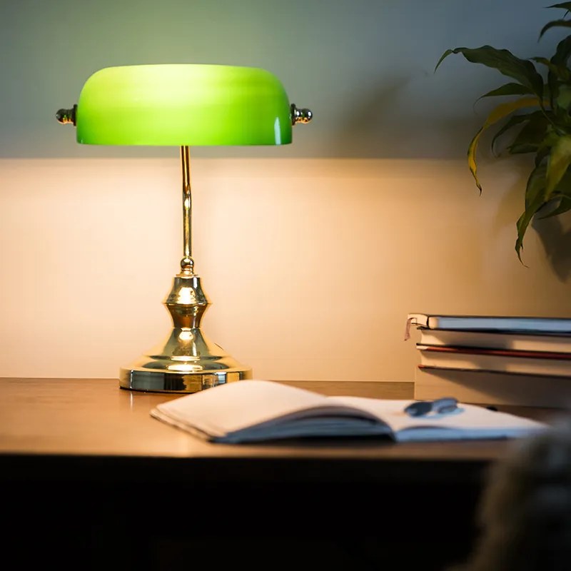 Klasická stolná lampa/lampa notára mosadz s zeleným sklom - Banker
