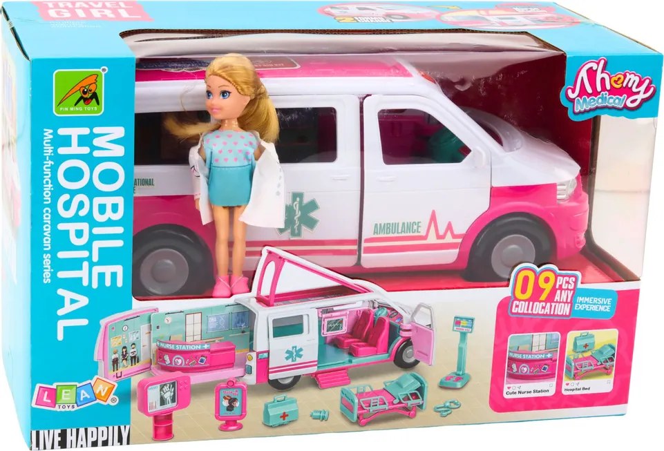 LEAN Toys Mobilná nemocničná ambulancia 2W1 Lekár bábika Zdravotnícke príslušenstvo