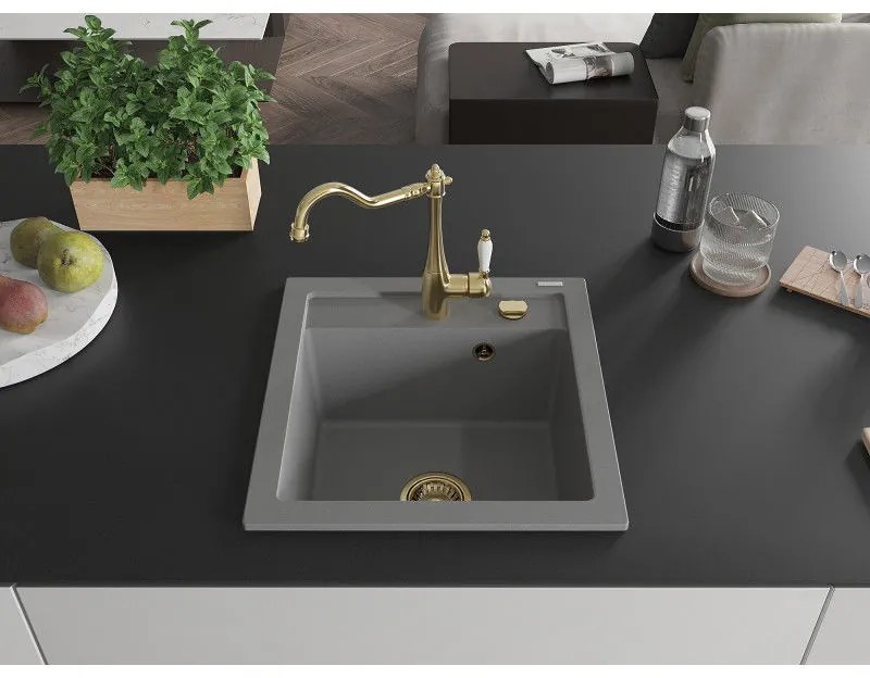 Mexen Vito, granitový drez 490x520x210 mm, 1-komorový a drezová batéria Carla, šedá, 6503-71-670700-50