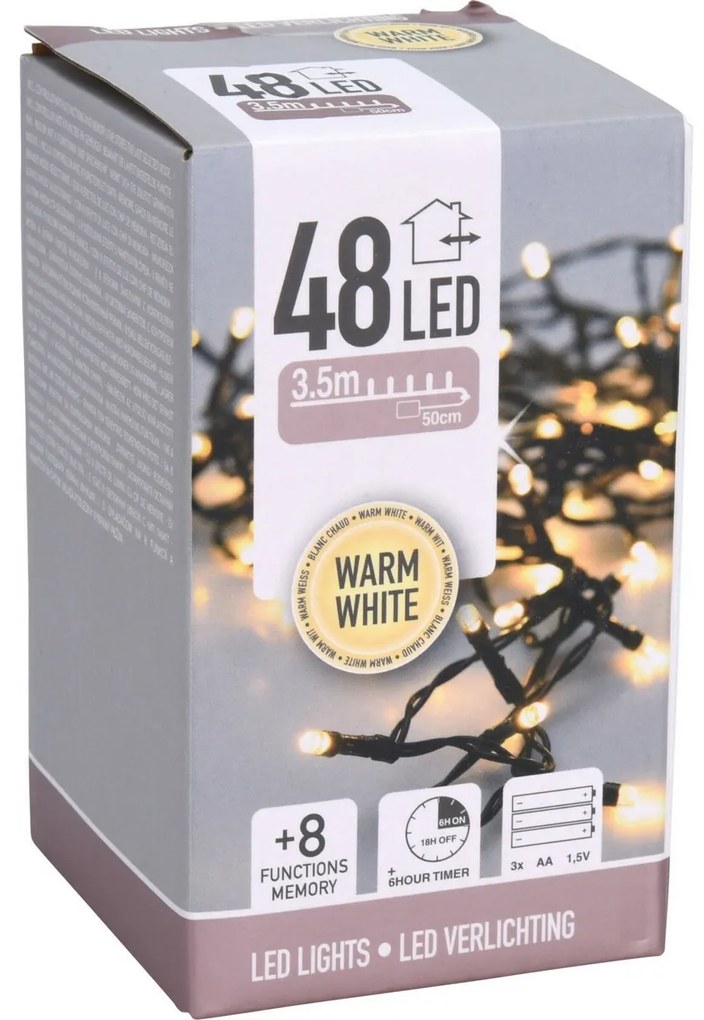 LED Vianočná vonkajšia reťaz teplá biela, 48x LED, 3,5 m, na batérie 3x AA, časovač