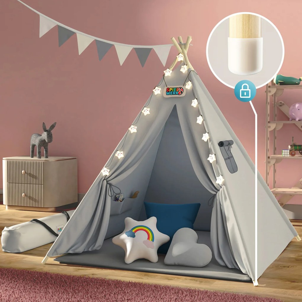Detský stan teepee JULIUS, 120x120x160cm, šedá/modrá Spielwerk