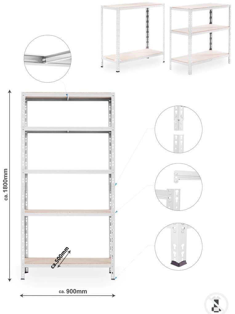 SUPER EKO HIT - Policový regál Trestles RNDU-KUI 1800x900x500, nosnosť 875 kg, 5 políc, biely