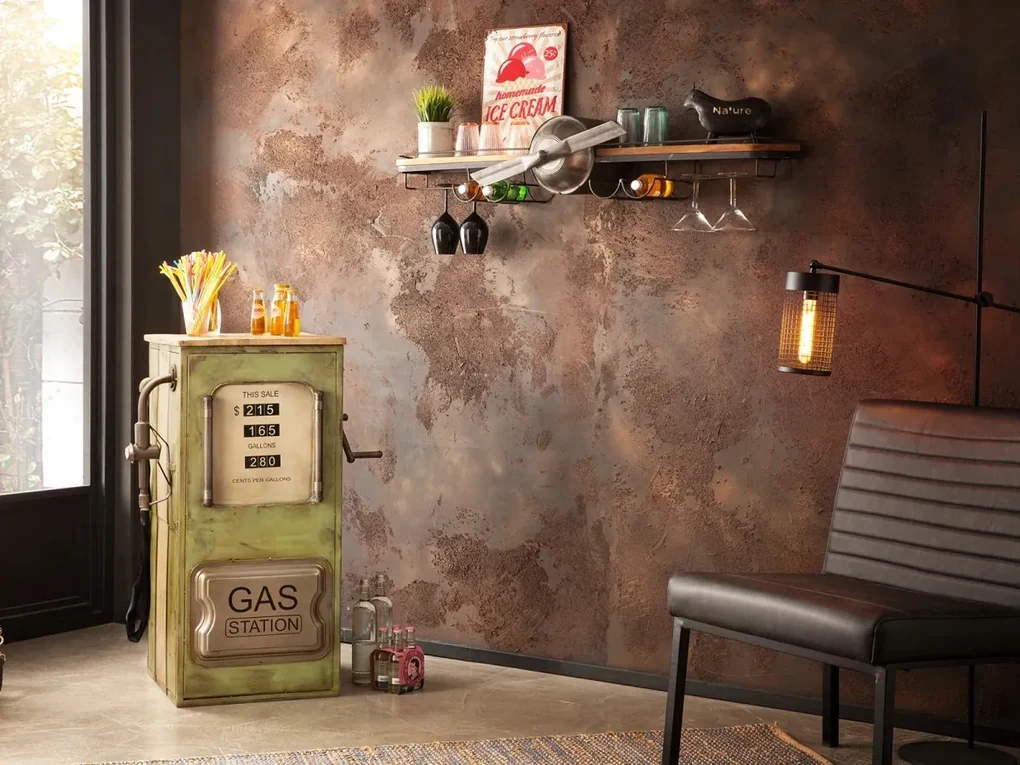 furniture-nabytek.cz - Masívny barový regál Gas Station z mangového dreva a kovu, lakovaný, zelený – 48×50×102 cm