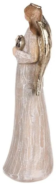 Dekorácia Anjel so zlatými krídlami a srdcom, polyresin, hnedá