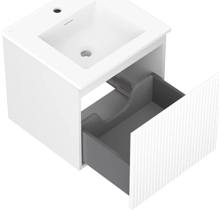 Mexen Rivel, kúpeľňová skrinka 50 cm s umývadlom Otis, 1 zásuvka, drážkovaná, biela matná, 91A20-05047-1-BF01-W18M01