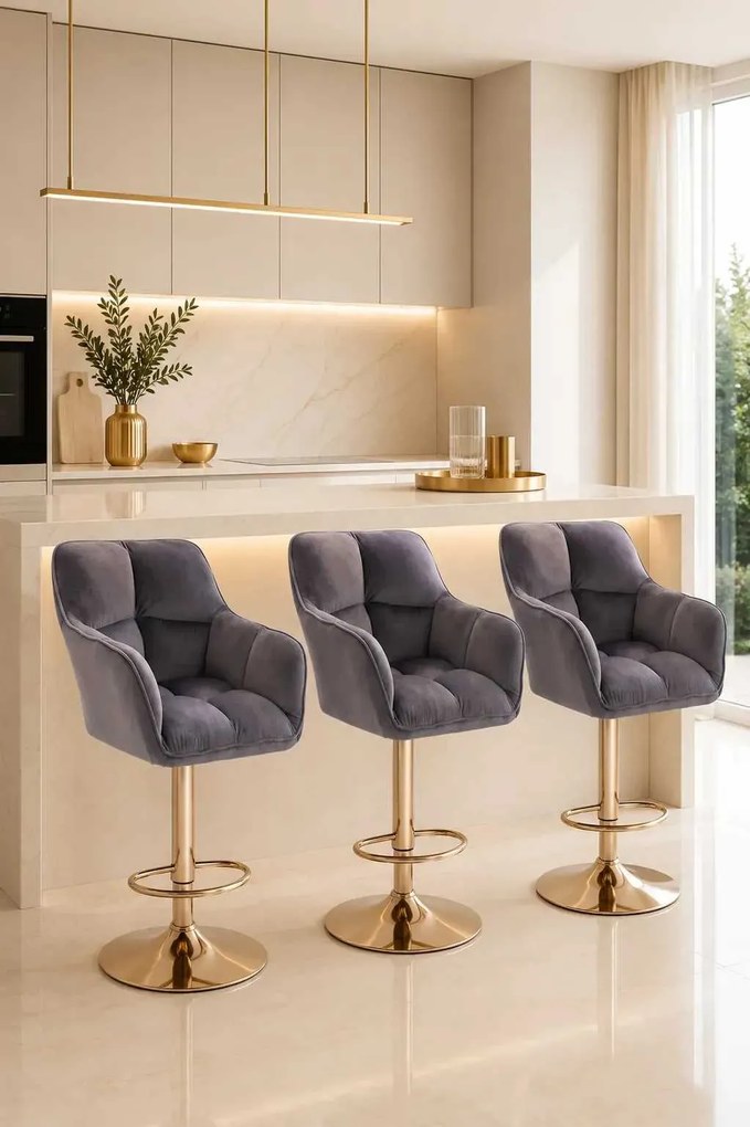 LuxuryForm DESIGN Barová stolička AMALFI VELUR na zlatom tanieri - tmavosivá